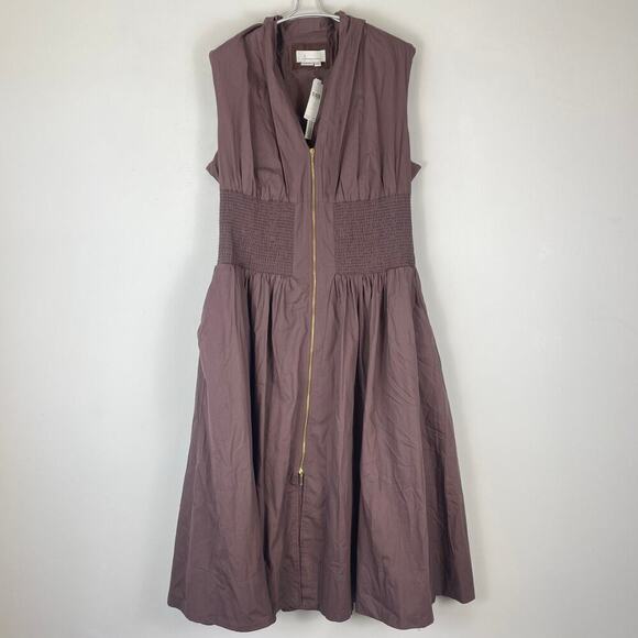 NWT Anthropologie The Tommie Cap Sleeve Smocked Front-Zip Shirt Dress Brown- 1X - Picture 2 of 5